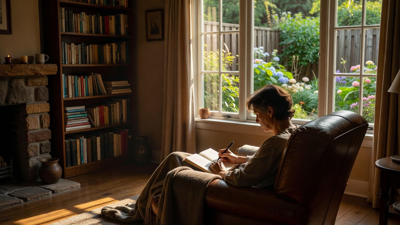 A person writing in a journal while sitting in an armchair by a bright window overlooking a garden.