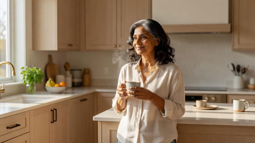 South Asian woman reflecting in bright kitchen