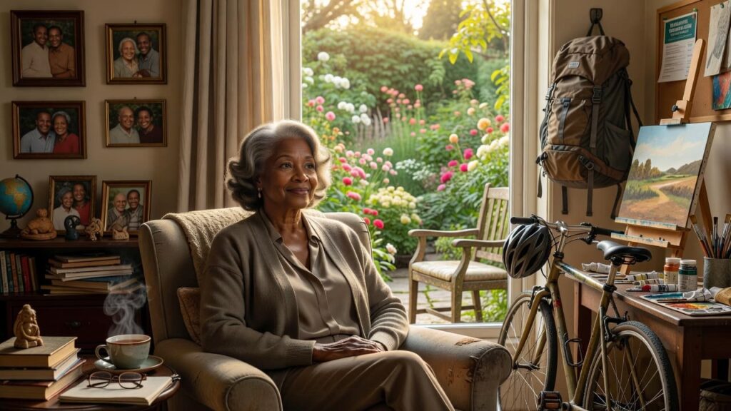 Old woman surrounded by various items such as a painting, a bike, and books.