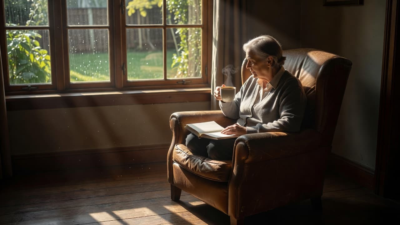 An individual sits by a sunny window with a coffee cup and notebook.