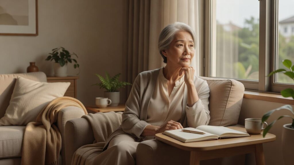 Woman gazing thoughtfully beside sunlit window