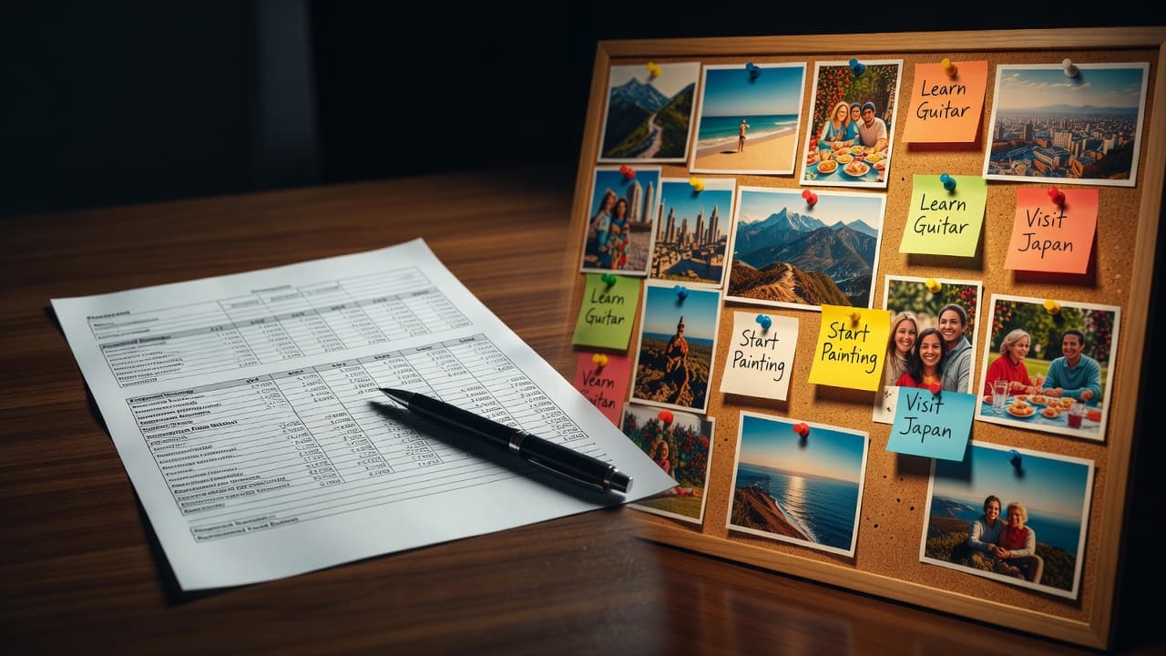 A financial report sits on a desk next to a corkboard filled with travel and family photos.