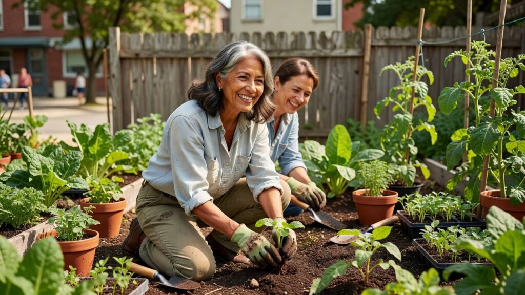 Latina women volunteering in community garden