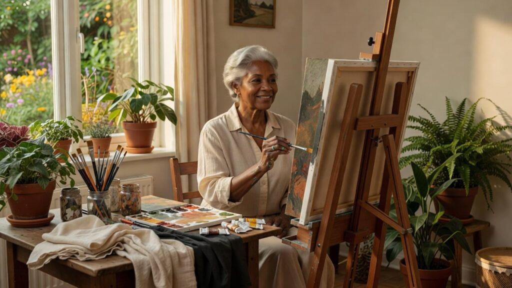 Black woman painting at home easel