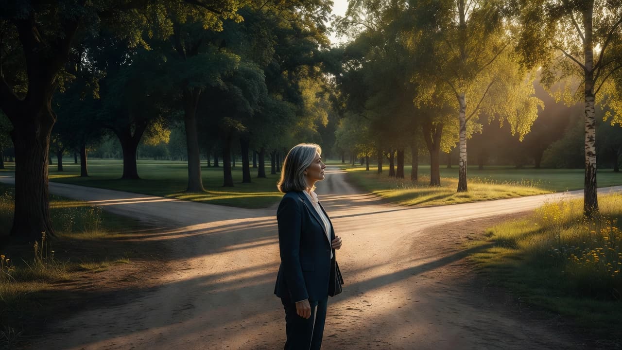 A woman stands at a park path junction deciding which way to walk.