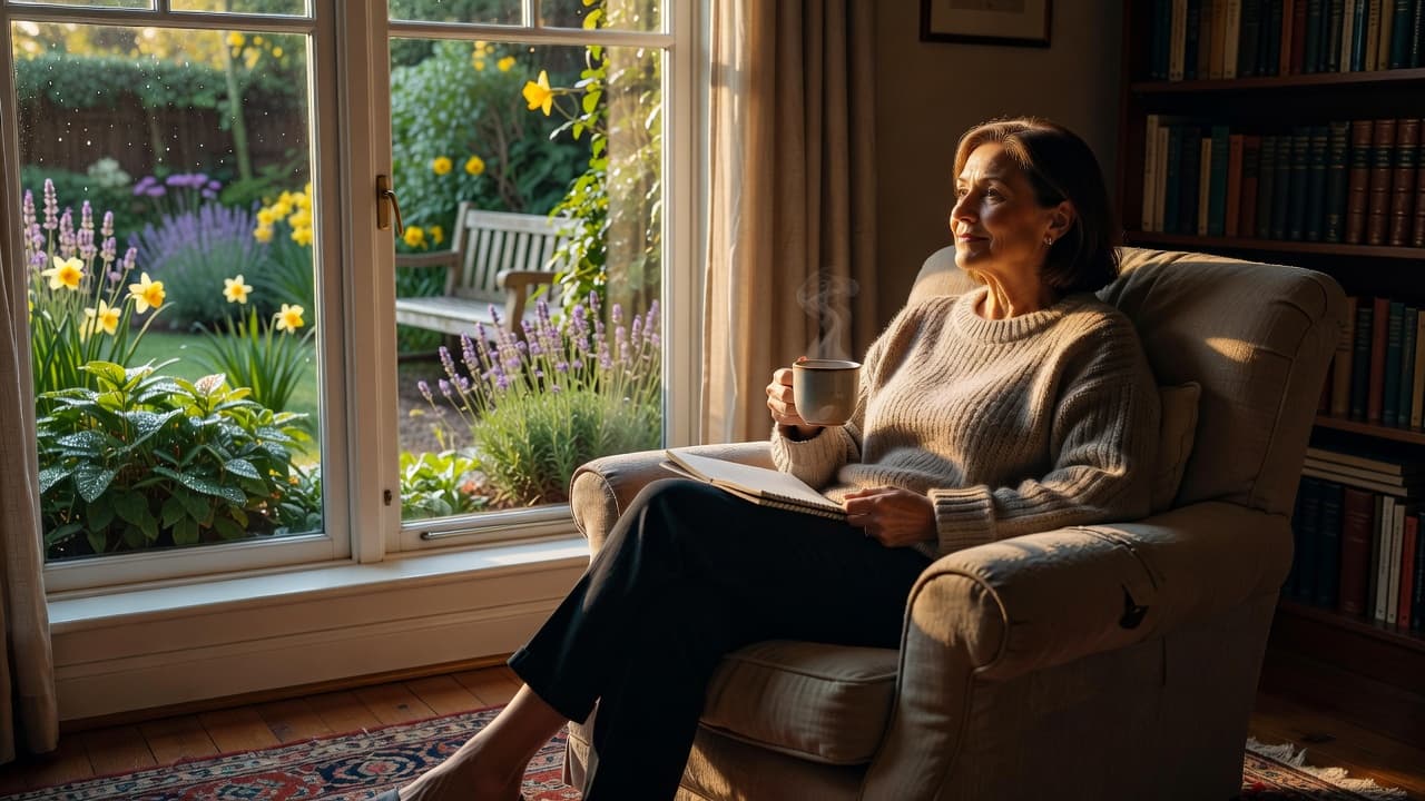 A woman holding a notebook and tea while looking out at a garden from a sunny, comfortable room.