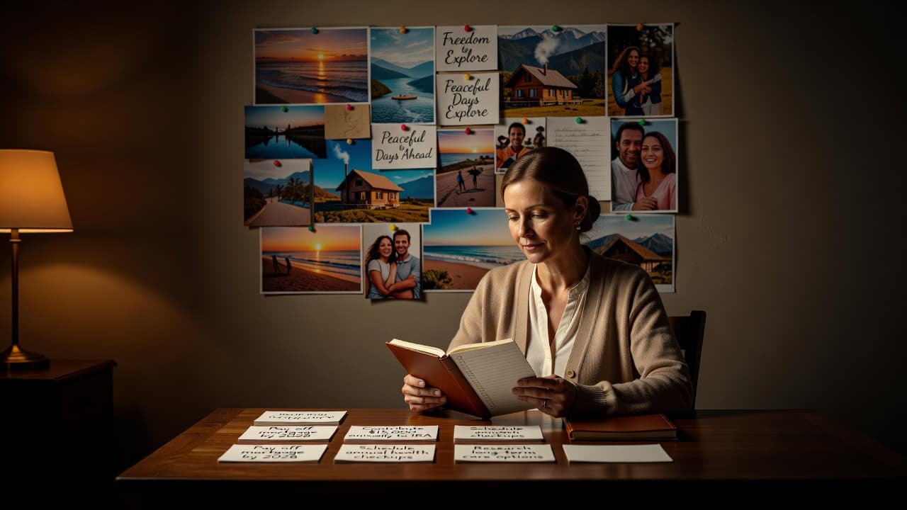 A woman sits at a desk looking at a dream board and a small notebook.