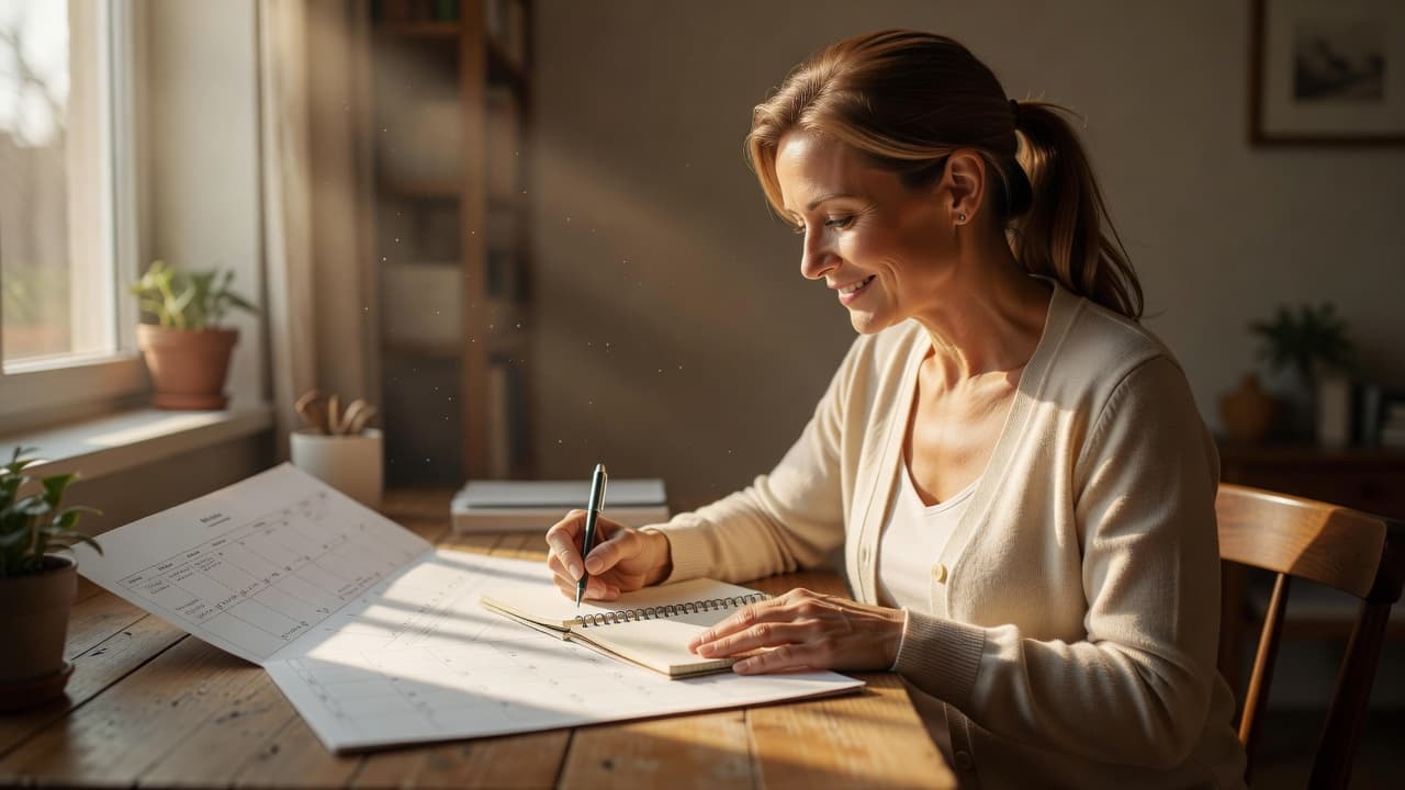 A woman smiling while writing in a planner at a bright, sun-drenched desk.