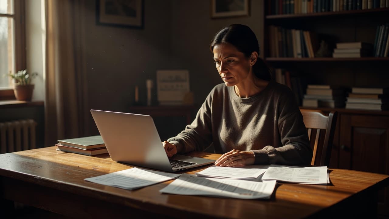 A woman reviewing financial papers and a laptop at a sunny wooden desk.
