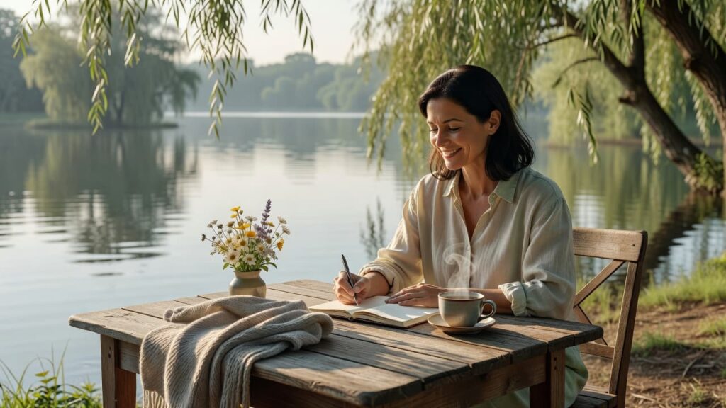 European woman journaling her retirement plans