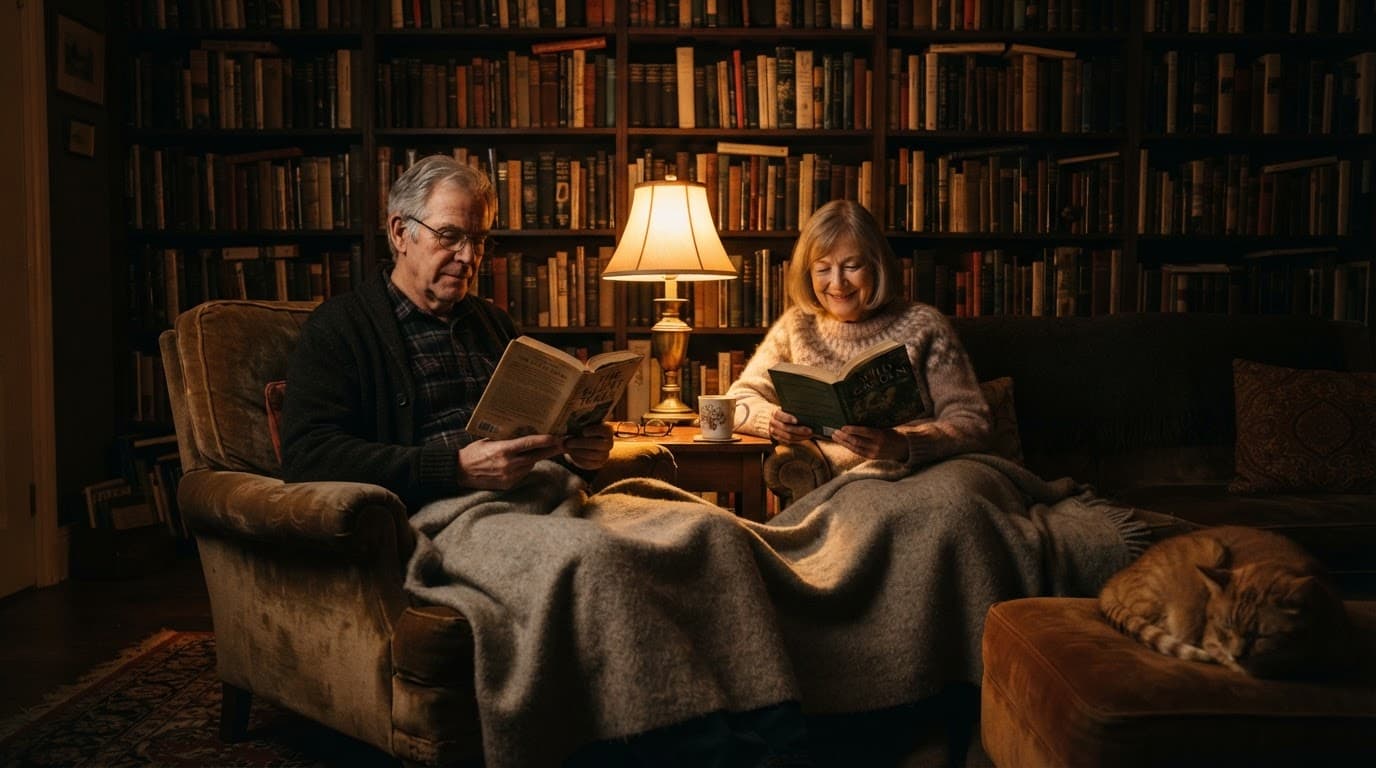 An older couple reads together beside a glowing lamp at home.