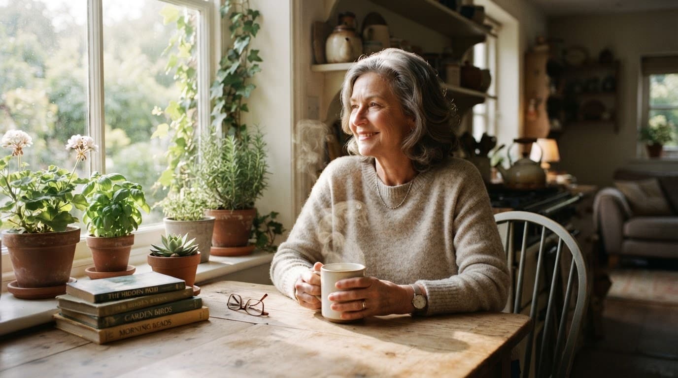 Older woman enjoying coffee at a sunny kitchen table with books and a small plant.