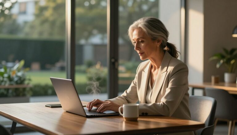 A silver-haired woman works at a desk with a laptop and steaming mug in morning light.