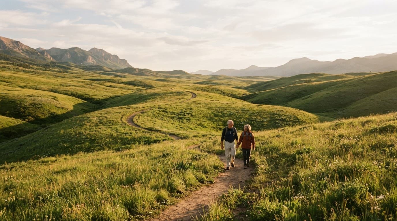 An older couple walks along a winding trail through sunlit green hills.