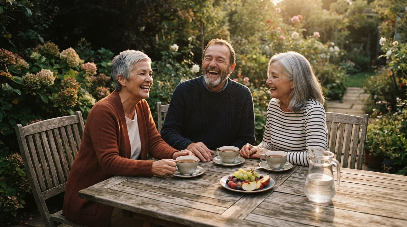 Three older friends sharing tea and fruit around a garden table.