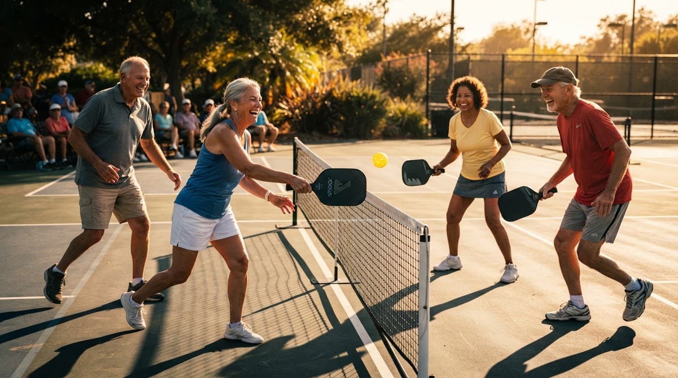 Four older adults play pickleball with two paddles and a yellow ball on a sunny court.