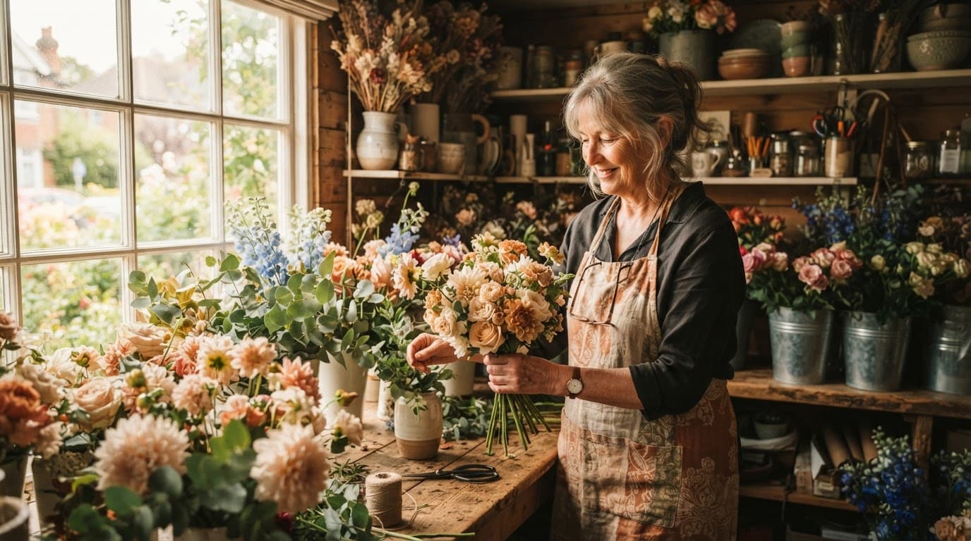 Older woman arranging flowers on a worktable in a bright home studio.
