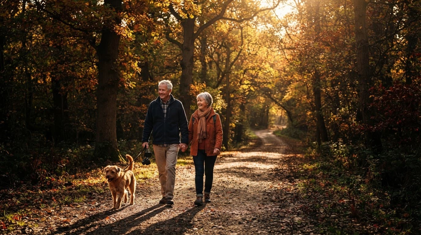Two older adults walk a tree-lined path with a dog in warm morning sunlight.