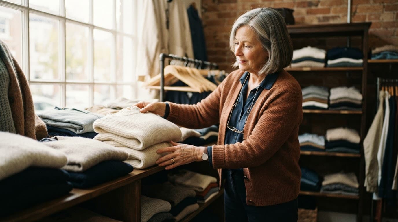 Older woman placing folded clothes on a shelf in a bright resale shop.
