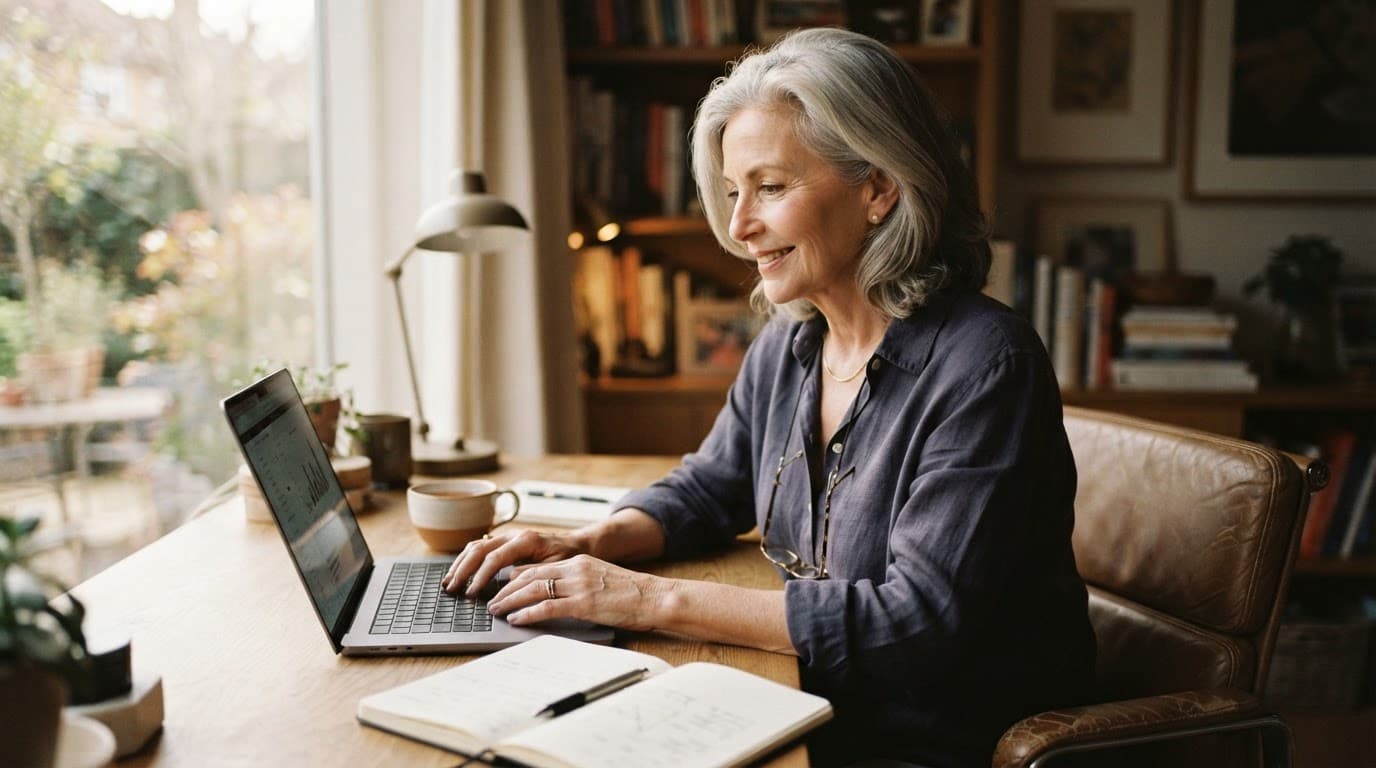 A silver-haired woman works on a laptop at a wooden desk beside a notebook.