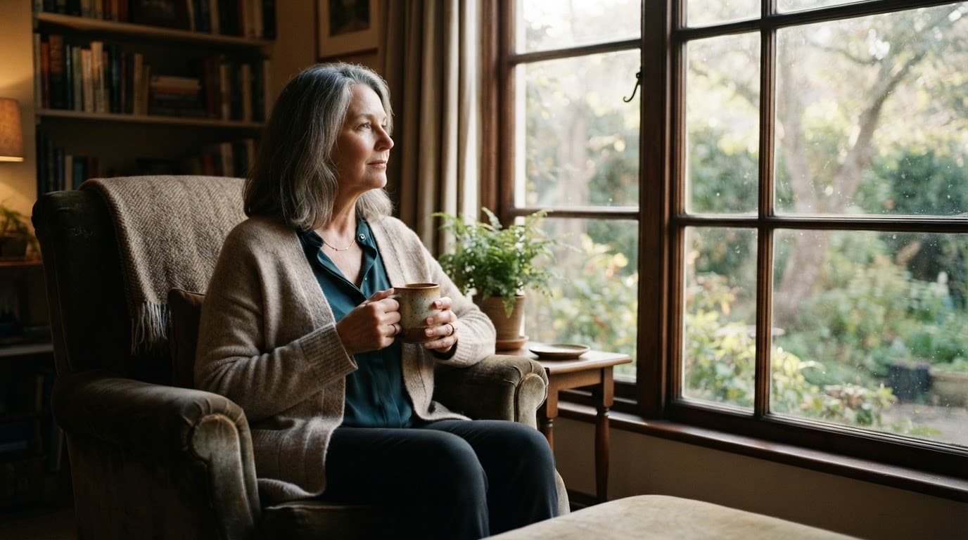 A woman holds a mug by a bright window in a cozy living room.