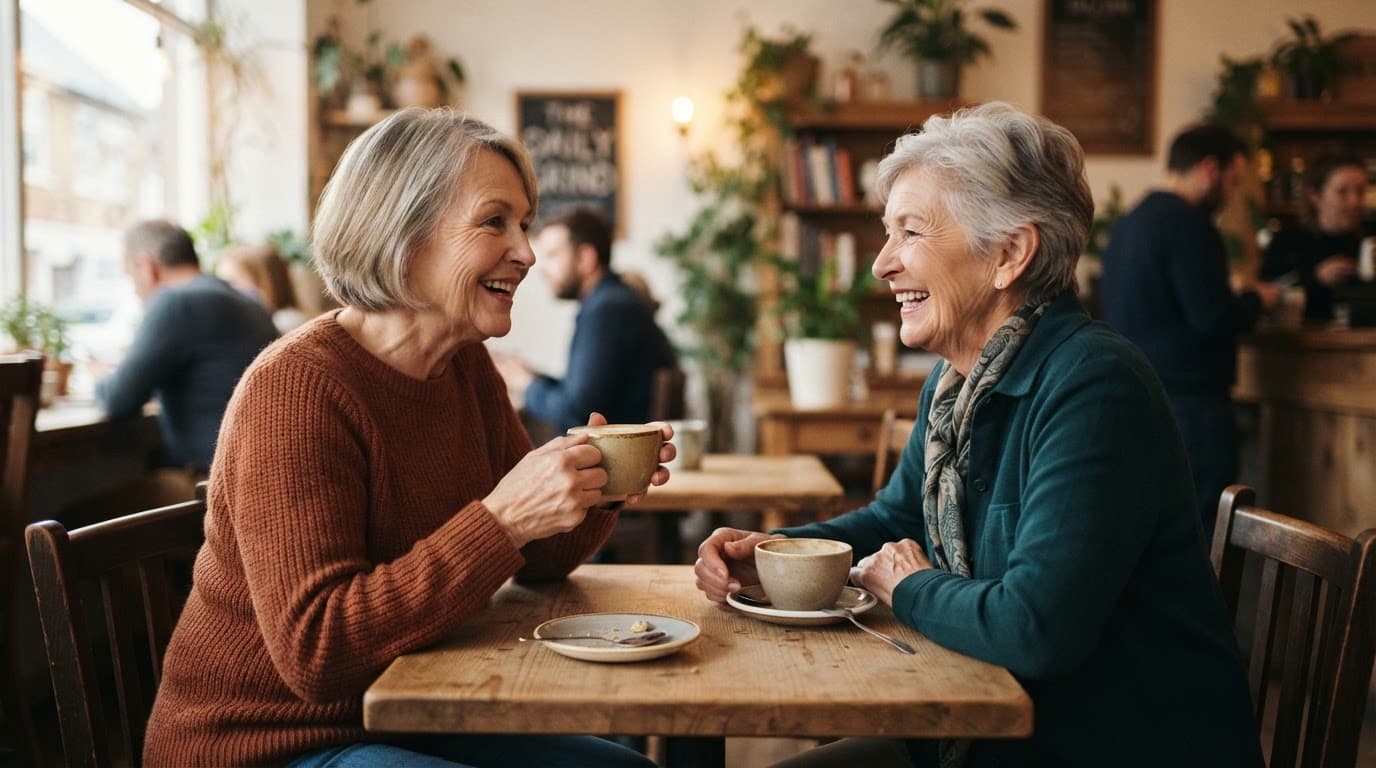 Two older women smile and talk over coffee in a bright cafe.